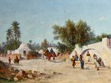 un tableau représentant un groupe de personnes à cheval sur un chemin de terre
