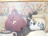 a picture of a painting of a still life with teapots and other items