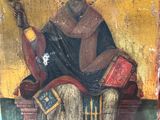 an old painting of a man sitting on a chair holding a guitar