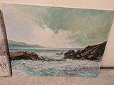 painting of a painting of a beach scene with a surfboard leaning against a wall