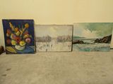three paintings of flowers in a vase on a table next to a wall