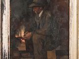 painting of a man sitting in front of a fire with a hat on