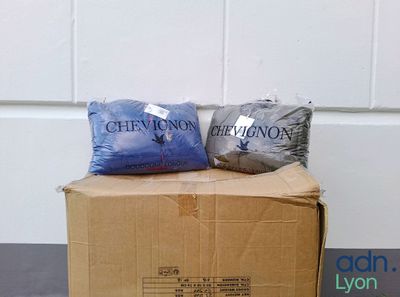 two bags of food sitting on top of a cardboard box