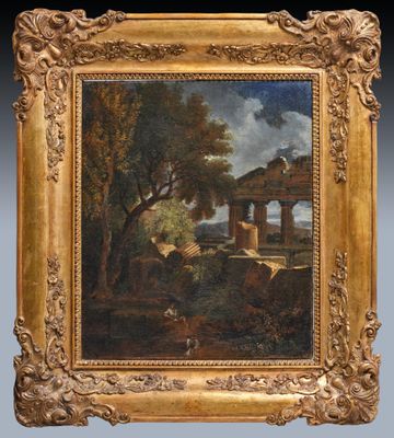 a painting of a landscape with a man and a dog in the foreground