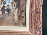 an oil painting of a street scene with people walking down the street