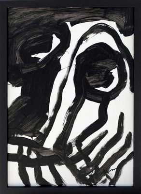 black and white drawing of a dog ' s face in a black frame