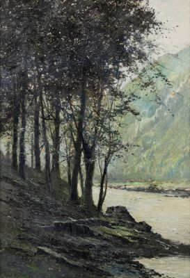 un tableau représentant un homme à cheval au bord de l'eau