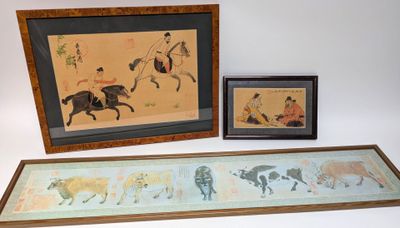 two framed pictures of a man on a horse and a woman on a horse
