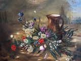 un tableau représentant un vase et des fleurs posés sur une table