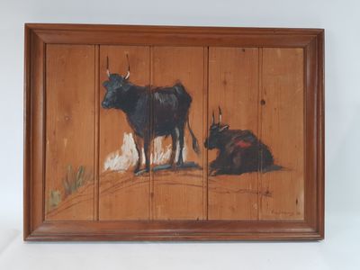 une photo d'un tableau représentant une vache et une vache couchée