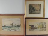 trois aquarelles encadrées représentant une ferme et une maison