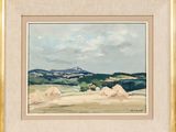 une image représentant un tableau représentant un paysage avec des collines en arrière-plan