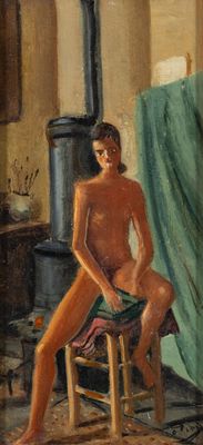 tableau représentant un homme nu assis sur une chaise dans une pièce
