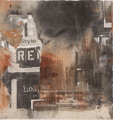 painting of a street corner with a street sign and a building in the background