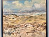an oil painting of a desert scene with a cloudy sky