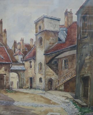 une peinture représentant une rue de ville bordée de bâtiments de part et d'autre