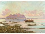 une image d'une peinture représentant une scène de plage avec un bateau dans l'eau