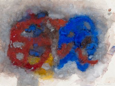 a painting of two red and blue gears on a piece of paper