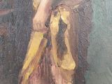 an oil painting of a woman holding a banana in her right hand