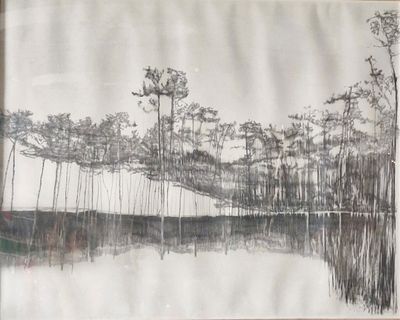 a black and white drawing of a boat in the water