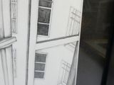 a pencil drawing of a building with windows and a clock on it
