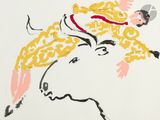 an image of a drawing of a man riding a cow