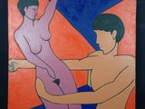 un tableau représentant deux nus devant un fond rouge et bleu