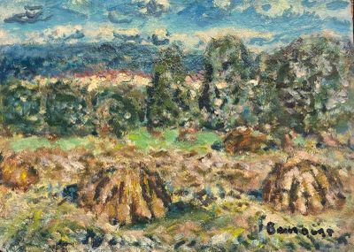 an oil painting of a field with hay bales in the foreground
