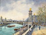 un tableau représentant des personnes marchant sur un pont au bord de l'eau