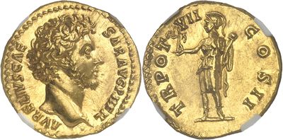 a gold coin with an image of a man holding a sword