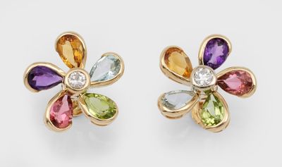 a pair of multicolored gems and gold flower earrings