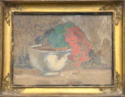 un tableau représentant un bol de fleurs posé sur une table