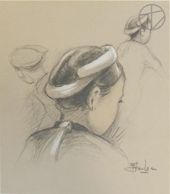 dessin représentant une femme coiffée d'un chapeau, regardant dans un miroir