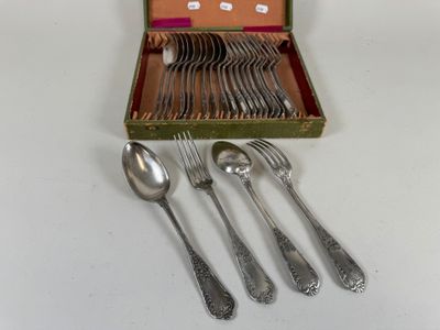 Suite de 12 fourchettes et 11 cuillères de table en métal ar… - Photo 1