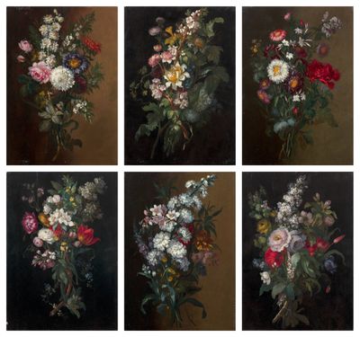six tableaux représentant des fleurs dans un vase posé sur une table
