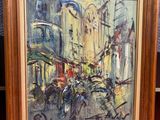 une peinture à l'huile représentant une scène de rue avec des personnes marchant dans la rue