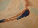 a painting of a woman holding a surfboard on the beach