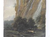 une image représentant une peinture d'une cascade au milieu d'une forêt