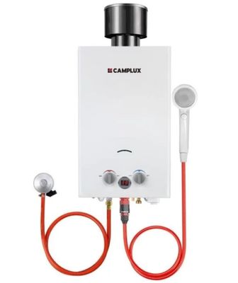 a white tank water heater with two red hoses attached to it