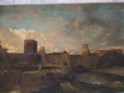 painting of a man standing in front of a building on a street