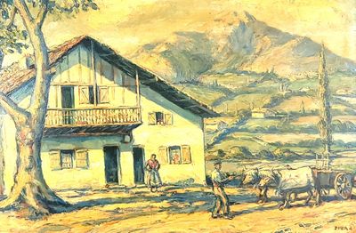 a painting of a farm scene with a man and a cow