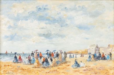 une image représentant un tableau où l'on voit des gens sur la plage, au bord de l'eau