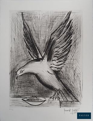 dessin en noir et blanc représentant un oiseau en train de manger dans un bol