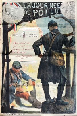 an old french poster of a man holding a rifle in his right hand