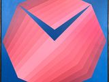 abstract painting of a pink and blue geometric object on a blue background