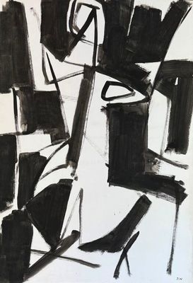 black and white drawing of chairs and a table with a vase of flowers