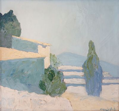 a painting of a house and trees in the snow