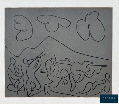 dessin représentant un groupe de personnes dans un champ, avec une montagne en arrière-plan