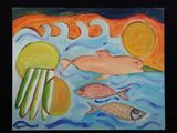 une peinture représentant une peinture de poissons dans l'eau