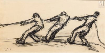 dessin représentant un groupe d'hommes jouant au tuge ball dans un champ
